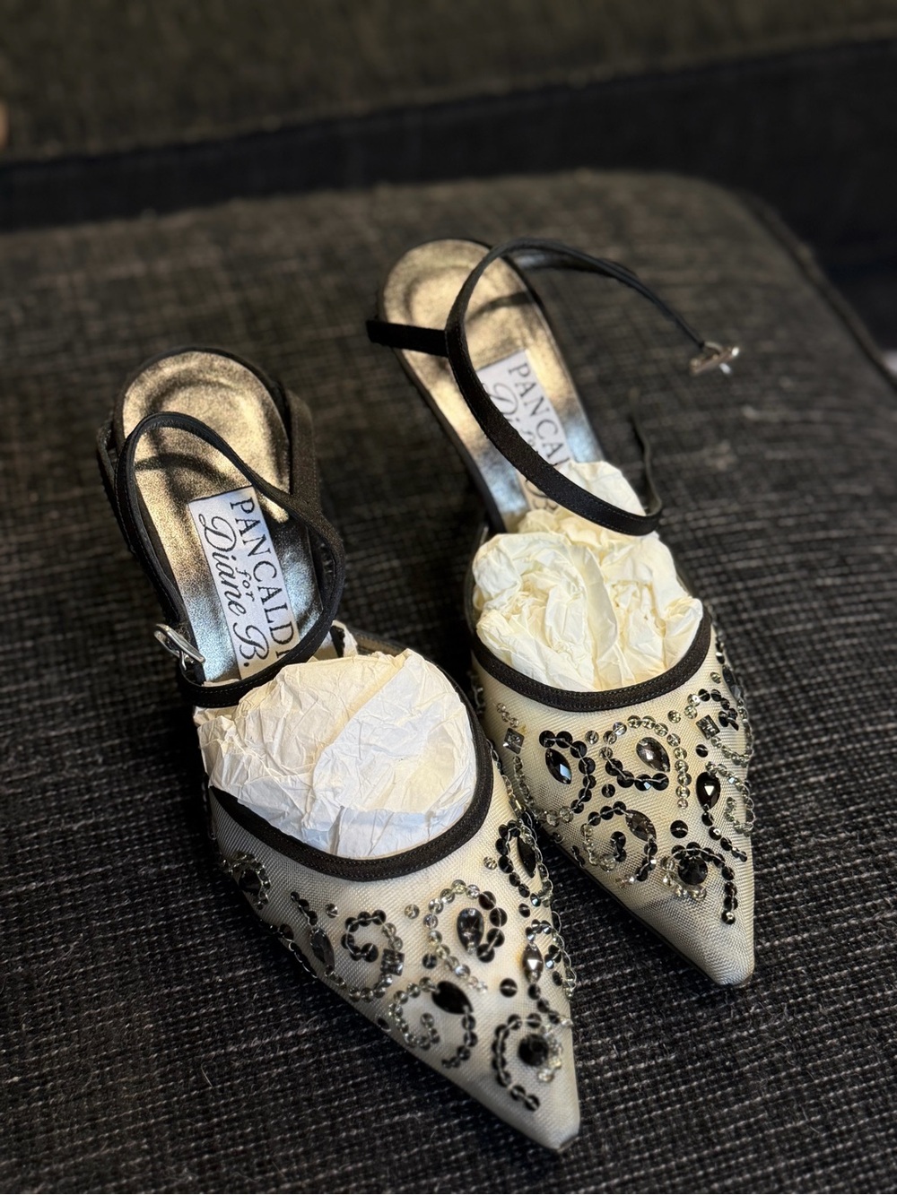 Embellished Cream Pointed-Toe Slingback Heels